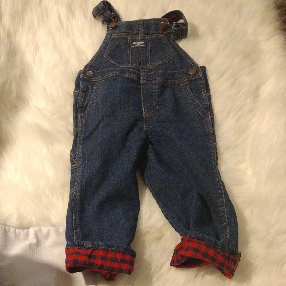 Kids Denim Overalls with Red Plaid Lining